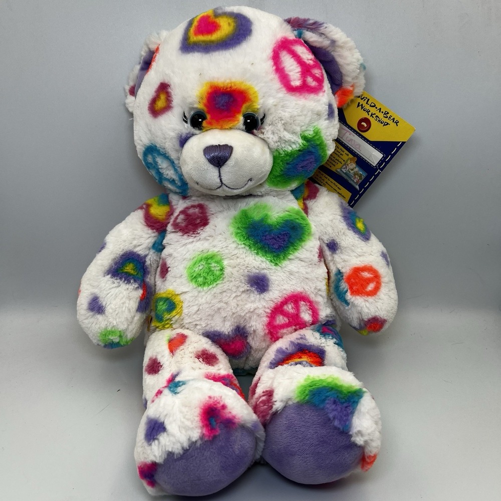 NEW! Build A Bear BAB Peace and Love Rainbow Color Hippie Stuffed Animal Plush